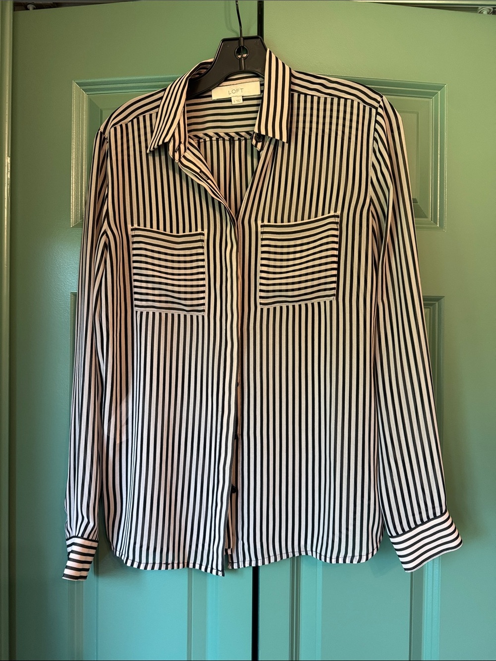 LOFT Black and White Vertical Stripe Button-Down Shirt
